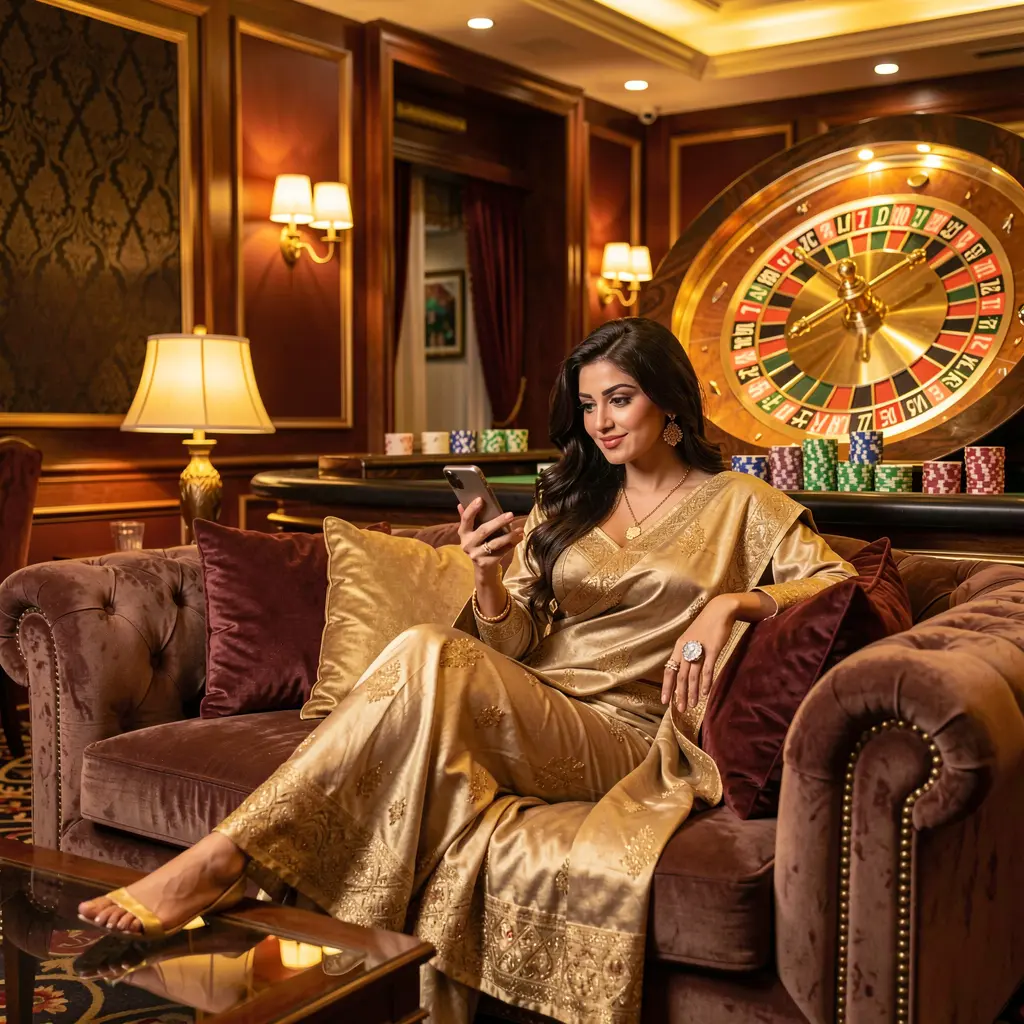 Confident Pakistani woman using the EQ668 casino app in a luxury gaming atmosphere with a glowing roulette wheel and stacked chips behind her