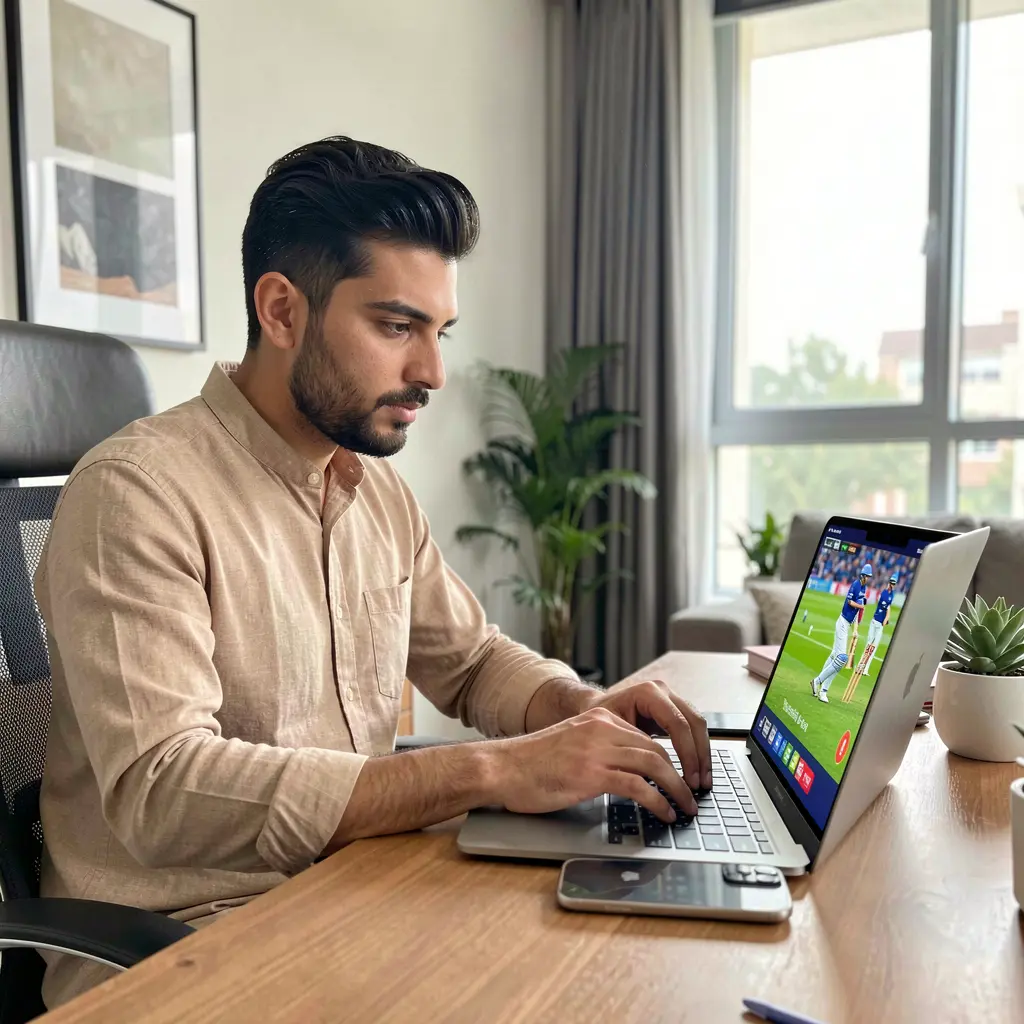 Pakistani sports fan placing live cricket bets on a laptop with EQ668 while watching a match at home using an iPhone 16 Pro Max