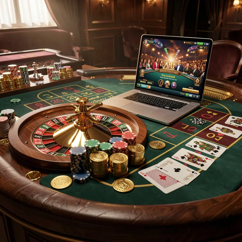 Elegant online roulette gameplay displayed on a laptop surrounded by casino chips and cards highlighting the premium live casino experience at EQ668 for players in Pakistan