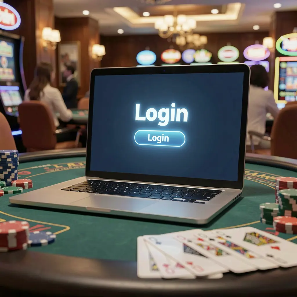 Modern laptop on a casino table with poker chips and cards showing the EQ668 login screen for secure access in Pakistan