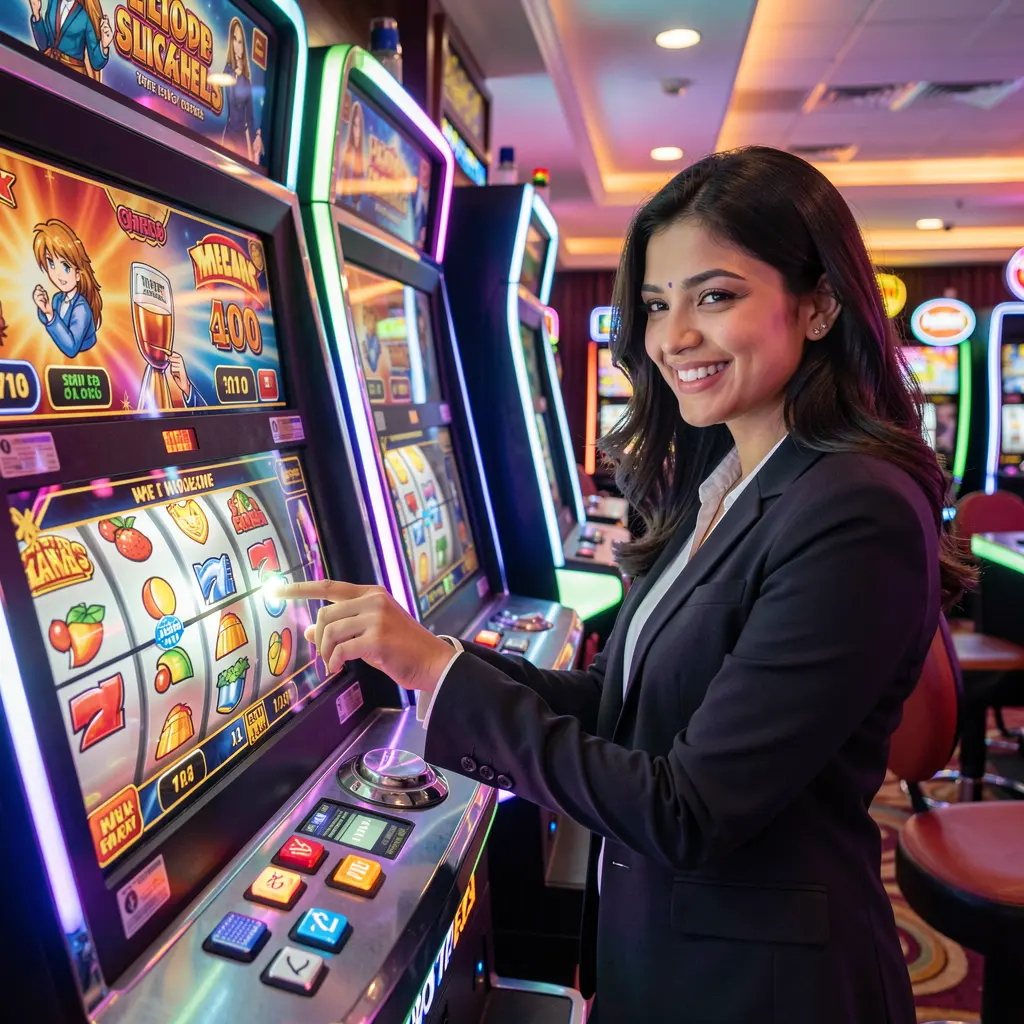 Stylish Pakistani woman smiling and pressing a slot machine button with glowing reels and neon casino lights at EQ668 casino